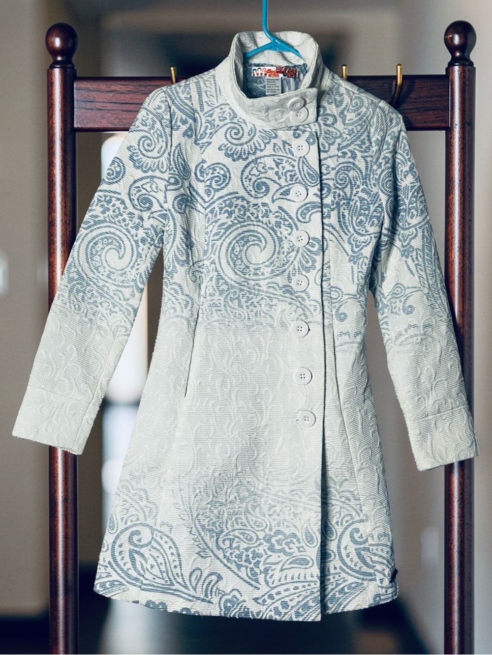 Desigual Paisley Jacquard Button-Front Trench Coat Blue White Size 36 / US 2-4